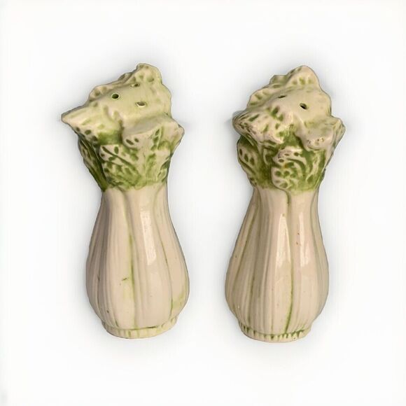 Vintage Celery Salt & Pepper Shakers Green White Made 1960s MCM Mid Century - Picture 1 of 10